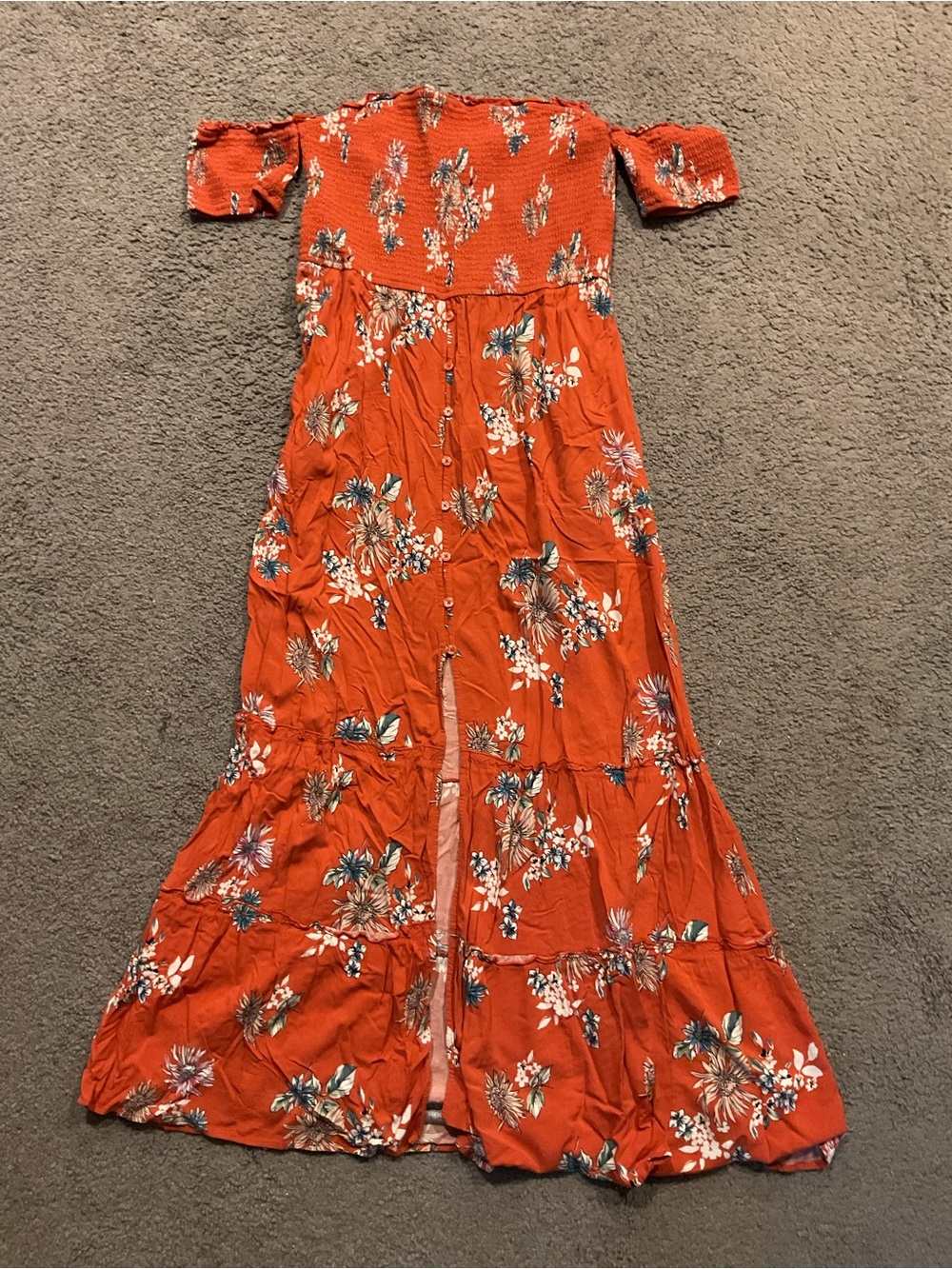 Xhilaration Orange Floral Smocked Maxi Dress Vintage Long Cottage-core Y2K sz XL